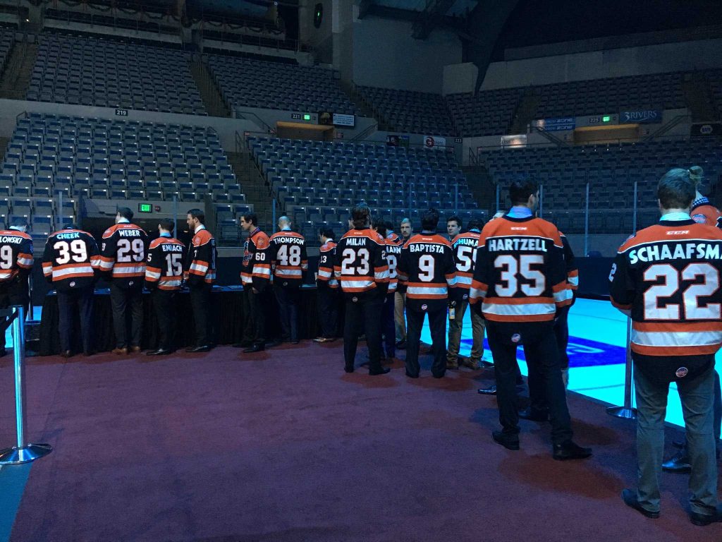 The Fort Wayne Komets attend Bob Chase's memorial service. (Ryan Wrecker/1190 WOWO 107.5 FM)
